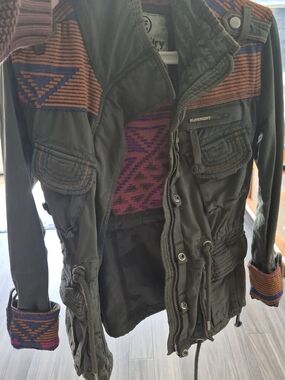 Superdry Olive Utility Jacket with Orange & Magenta Tribal Accents
